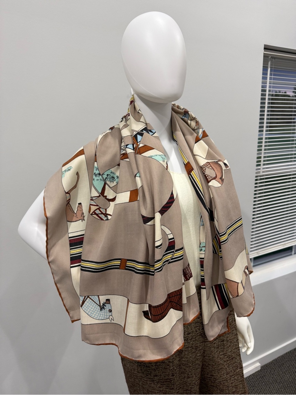 Neutral Beige Printed Silk & Cashmere Scarf with Equestrian Motif - Picture 8 of 14